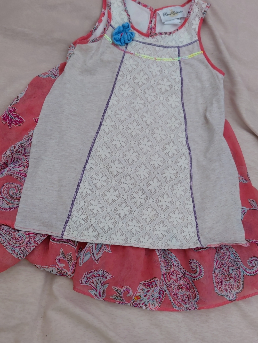 Girls Rare Editions Coral-Pink Paisley & Lace Tank Dress with Blue Rosette
